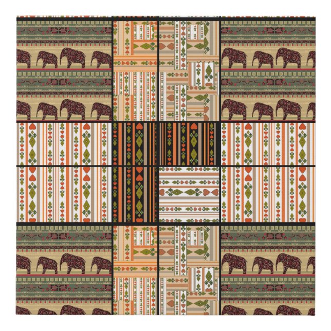 African Patchwork Elephants: Ornamental Texture Faux Canvas Print (Front)