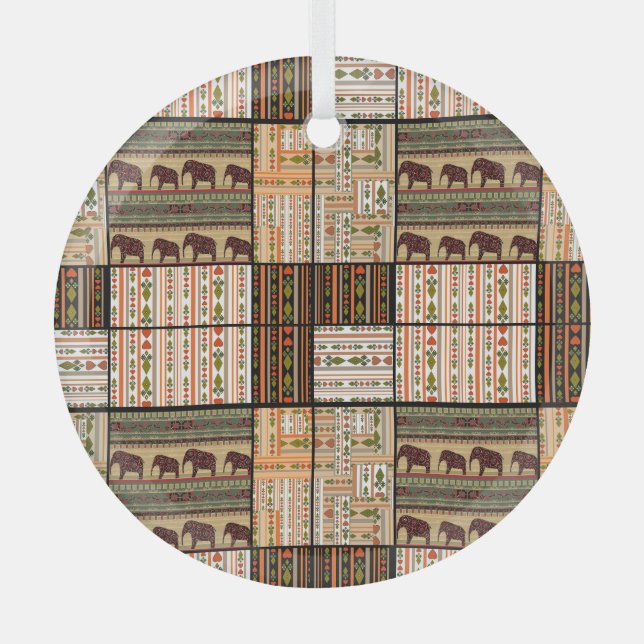 African Patchwork Elephants: Ornamental Texture Glass Ornament (Front)