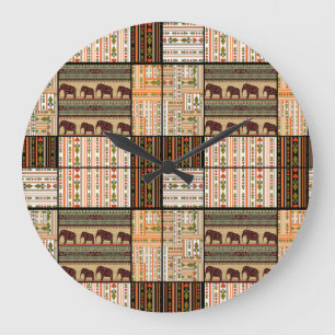 African Patchwork Elephants: Ornamental Texture Large Clock