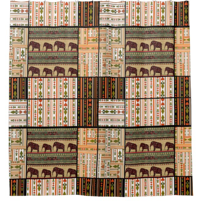 African Patchwork Elephants: Ornamental Texture Shower Curtain (Front)
