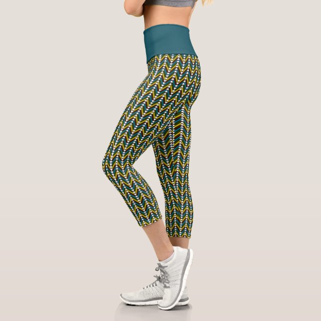 African Pattern Ethno Africa Print Geometric Teal Capri Leggings (Left)