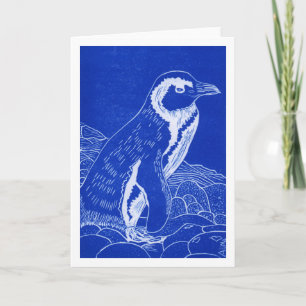 African Penguin Blue Linocut Greeting Card
