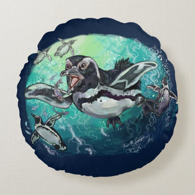 African Penguin Fishy Feast Round Pillow (Front)