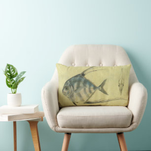 African Pompano Fish, Vintage Threadfin Trevally Lumbar Pillow