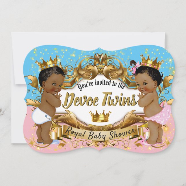African Prince|Princess Pink & Blue| Gold Sparkles Invitation (Front)