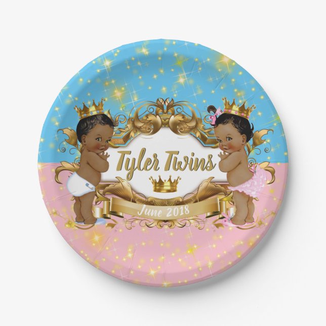 African Prince/Princess Pink/Blue & Gold Sparkles Paper Plates (Front)