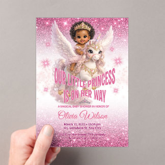 African Princess on Unicorn Pink Baby Shower Acrylic Invitations