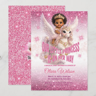 African Princess on Unicorn Pink Baby Shower Invitation