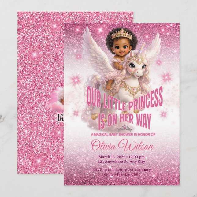 African Princess on Unicorn Pink Baby Shower Invitation (Front/Back)