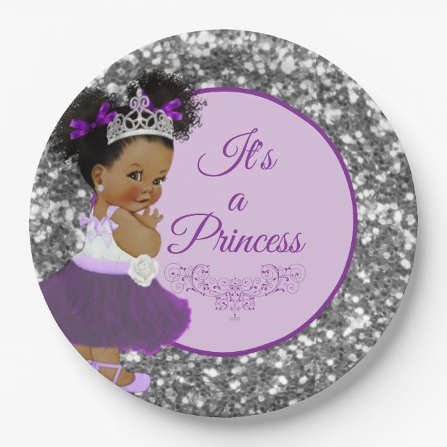 African Princess Purple| Silver Glitter Royal Paper Plates (Front)