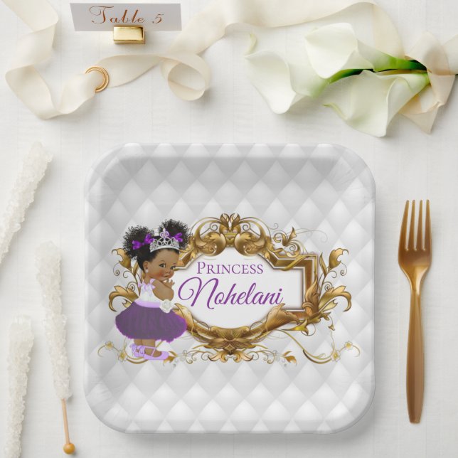 African Princess Purple | White & Gold Elegant Paper Plates (Wedding)