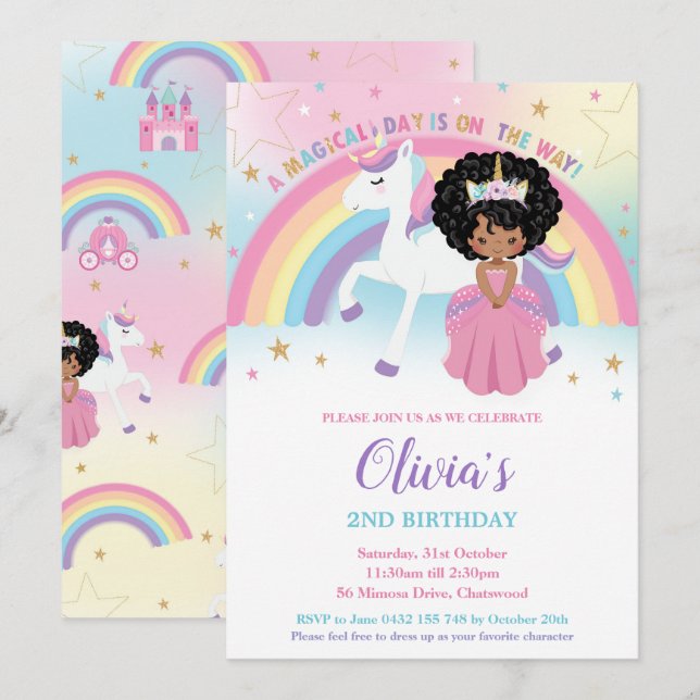African Princess Unicorn Birthday Party Rainbow Invitation (Front/Back)