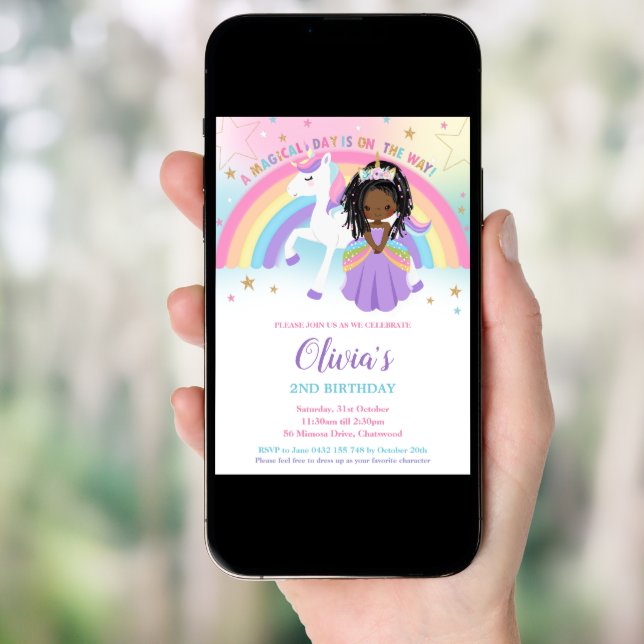 African Princess Unicorn Birthday Party Rainbow   Invitation (Front Digital)