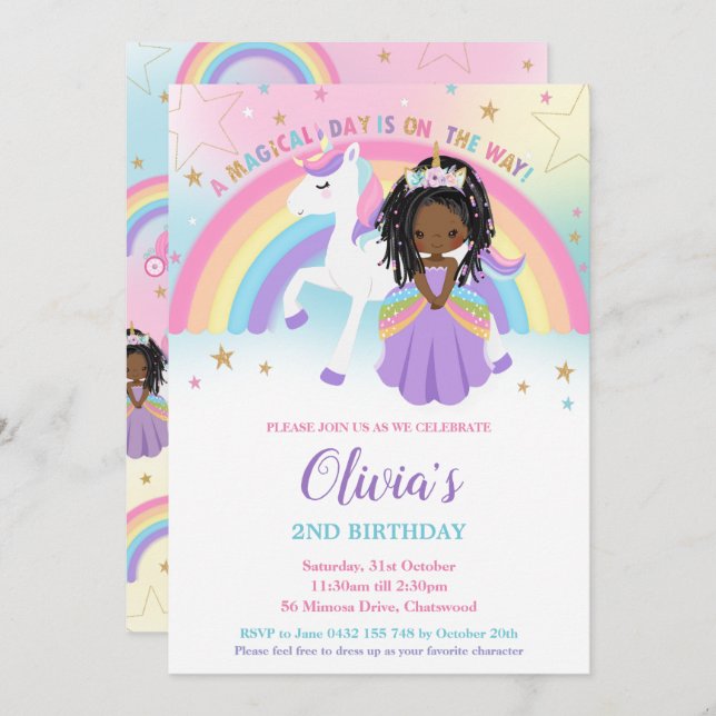 African Princess Unicorn Birthday Party Rainbow   Invitation (Front/Back)