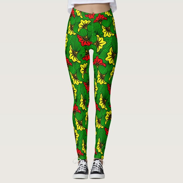 African Print Bold Ankara Floral Patterned Leggings (Front)