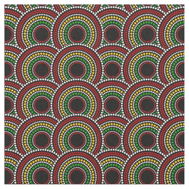 African Print Circles Pattern in Red Gold Green Fabric (Close Up)
