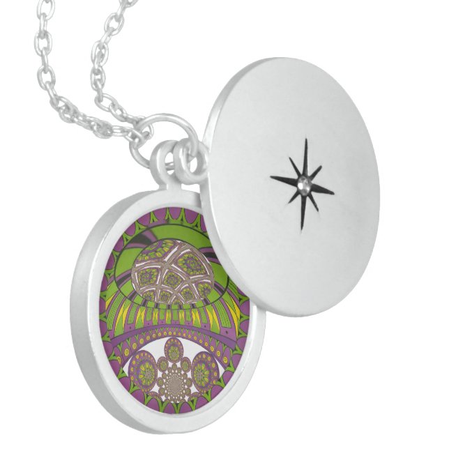 African Purple and Yellow Kaleidoscope Traditional Locket Necklace (Front Left)