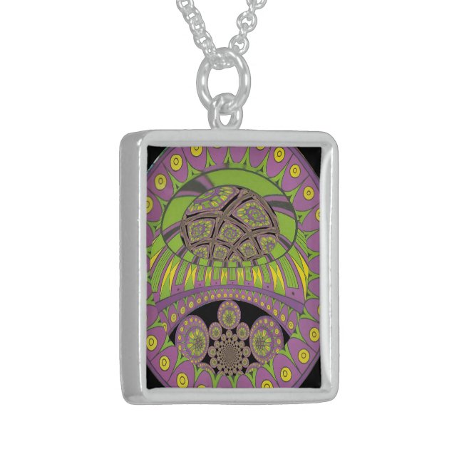 African Purple and Yellow Kaleidoscope Traditional Sterling Silver Necklace (Front Left)