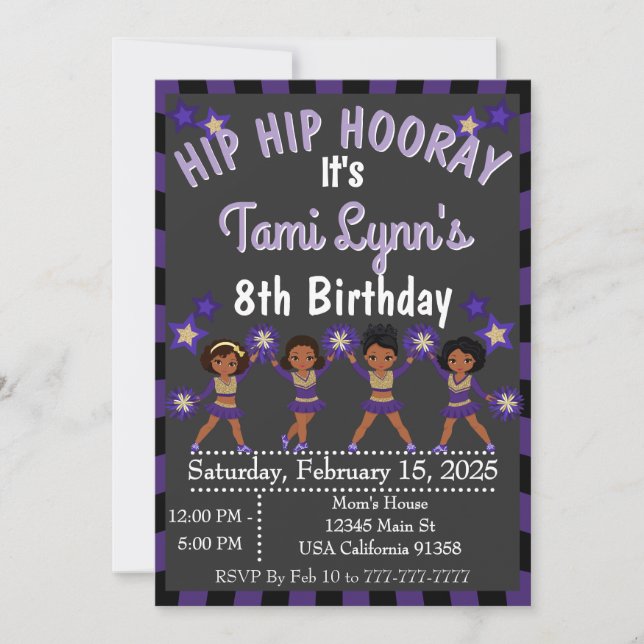 African Purple Cheerleader Gymnastics Invitation (Front)