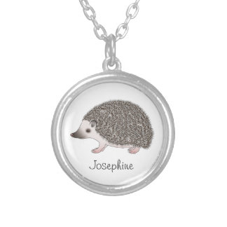 African Pygmy Hedgehog Cartoon Design With A Name Silver Plated Necklace