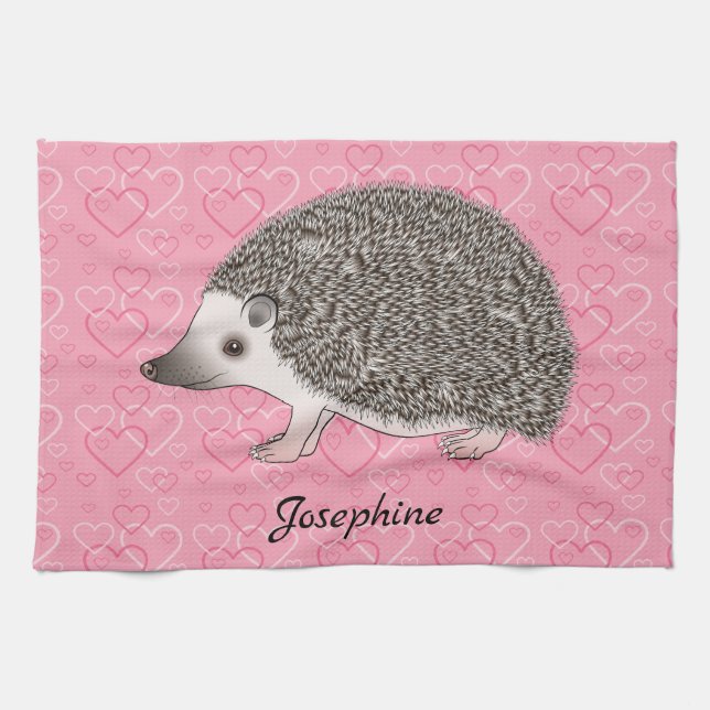 African Pygmy Hedgehog On Pink Heart Pattern Kitchen Towel (Horizontal)