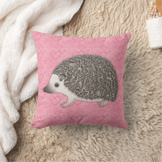 African Pygmy Hedgehog On Pink Heart Pattern Throw Pillow