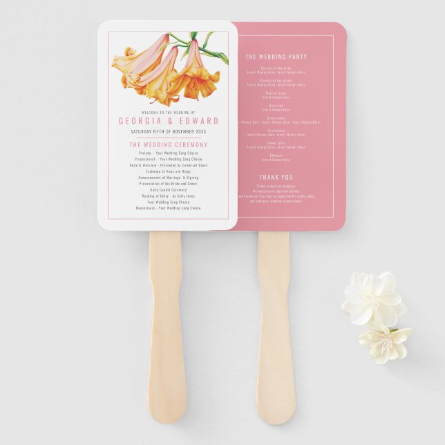African Queen Lily watercolor wedding program Hand Fan (Front and Back)