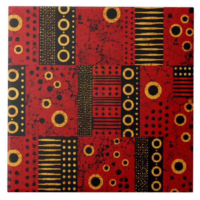 African Red Sunburst Tribal Patchwork Decorative Ceramic Tile (Front)