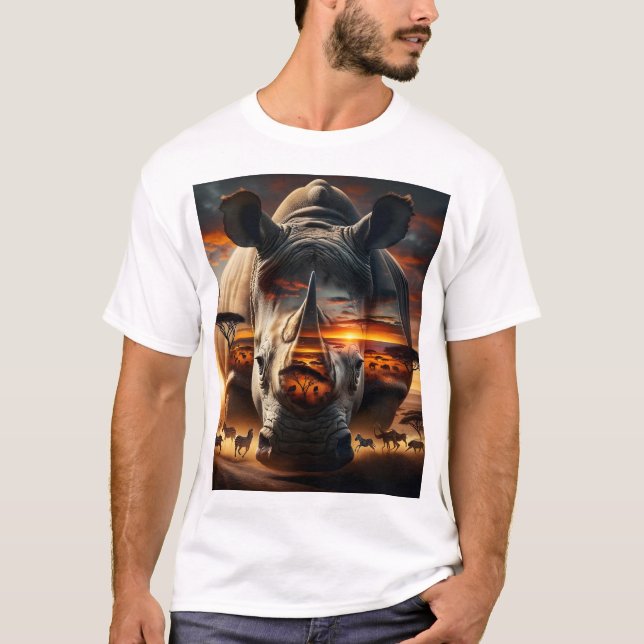 African Rhino & Giraffe back Bushveld Sunset T-Shirt (Front)