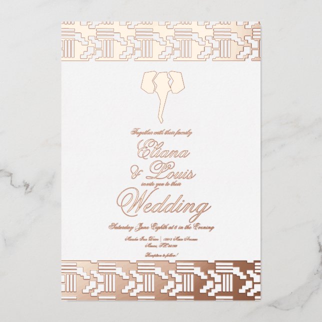 African Rose Gold Elephant Wedding Pressed   Foil Invitation (Front)