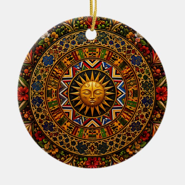 African Sacred Geometry Mandala — Kente Ndebele  Ceramic Ornament (Front)