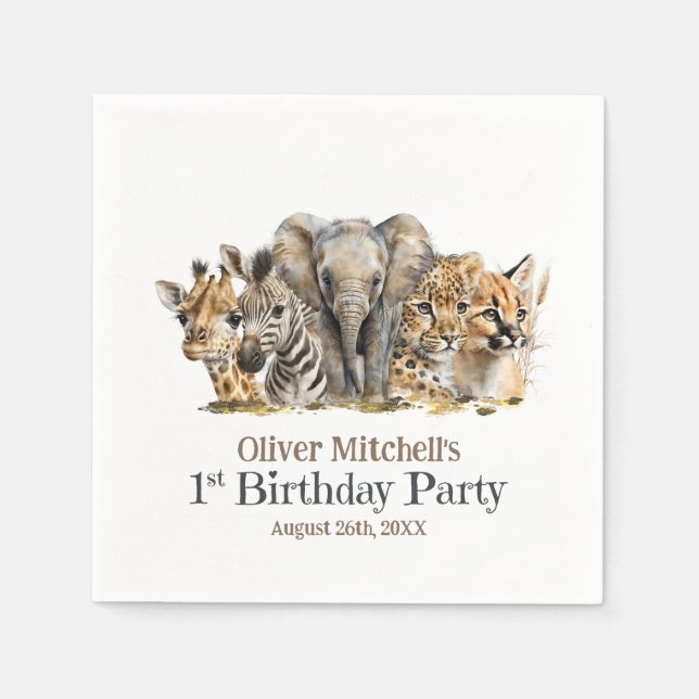 African Safari Animals 1st Birthday Party Napkins (Front)