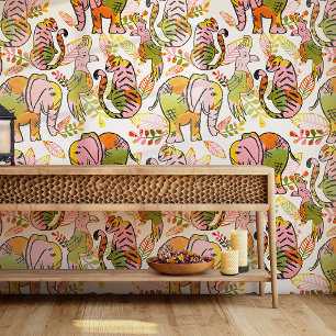 African Safari Animals Boho Maximalist Block Print Wallpaper