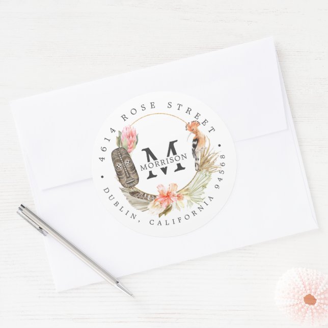 African Safari | Boho Botanical Return Address Classic Round Sticker (Envelope)