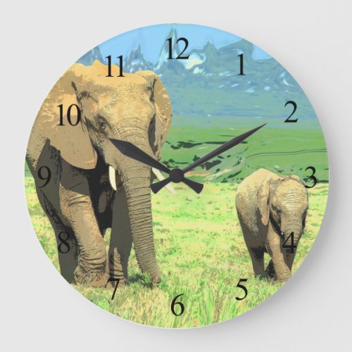 African Safari Elephants  Large Clock