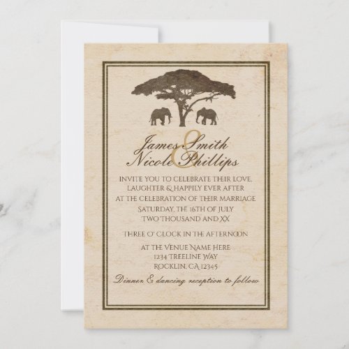 African Safari Elephants  Tree Vintage Wedding Invitation