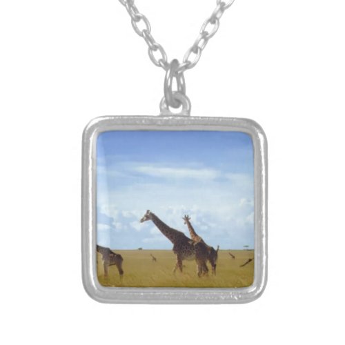 African Safari Giraffes Silver Plated Necklace