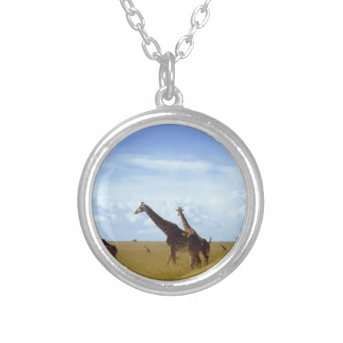 African Safari Giraffes Silver Plated Necklace