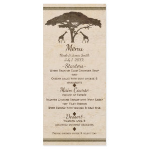 African Safari Giraffes Tree Vintage Wedding Menu