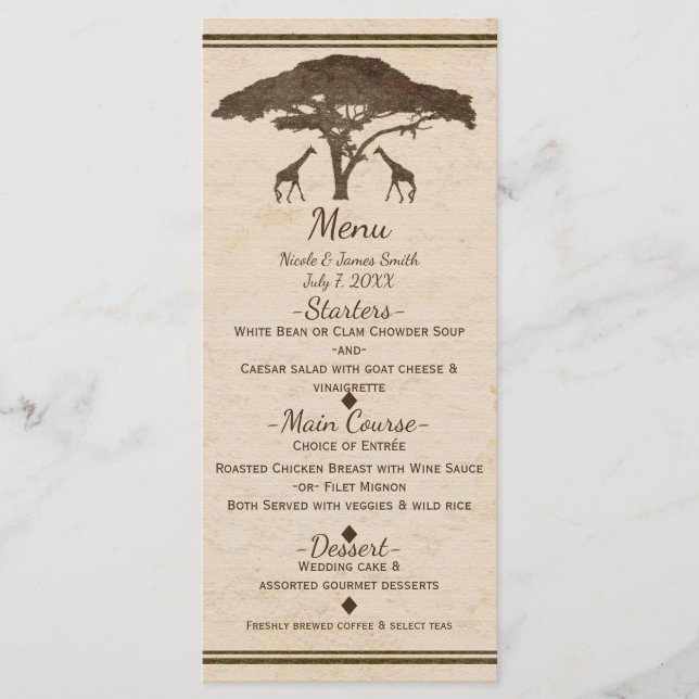 African Safari Giraffes Tree Vintage Wedding Menu (Front)