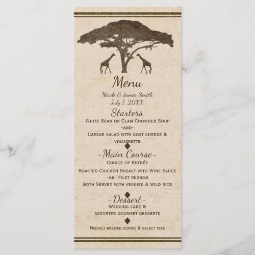 African Safari Giraffes Tree Vintage Wedding Menu