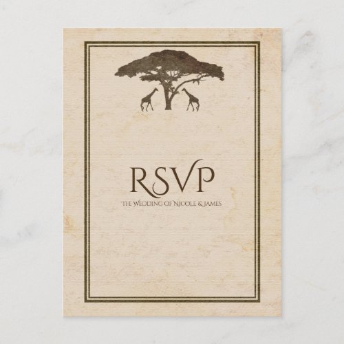 African Safari Giraffes Tree Vintage Wedding RSVP Invitation Postcard