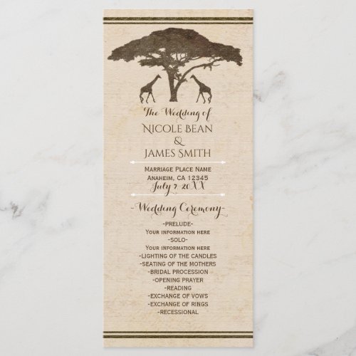 African Safari Giraffes Vintage Wedding Program