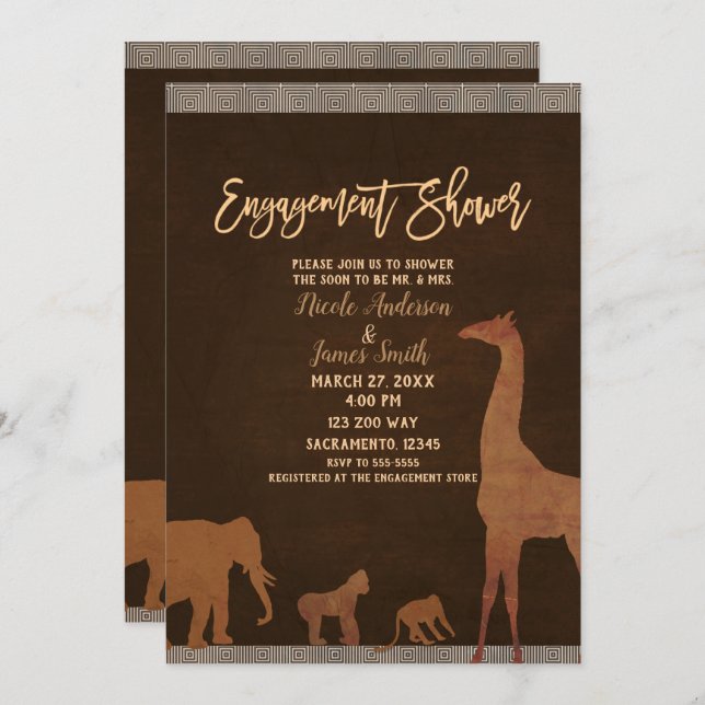 African Safari Jungle Zoo Brown Engagement Shower Invitation (Front/Back)