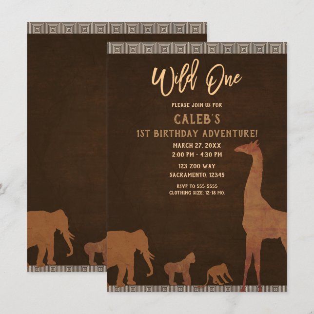 African Safari Jungle Zoo Brown WILD ONE 1st Party Invitation (Front/Back)