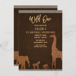 African Safari Jungle Zoo Brown WILD ONE 1st Party Invitation