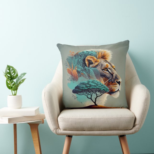 African Safari Lion Head Throw Pillow (Chair)