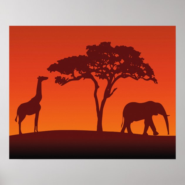 Africa Wildlife Silhouette of Giraffes Elephant Birds on Glossy Poster Print