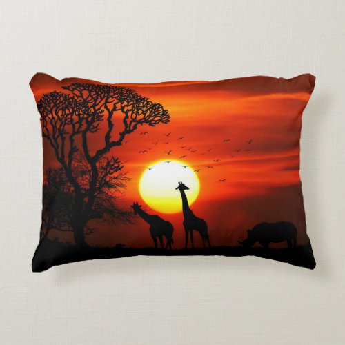 African Safari Sunset Animal Silhouettes Accent Pillow