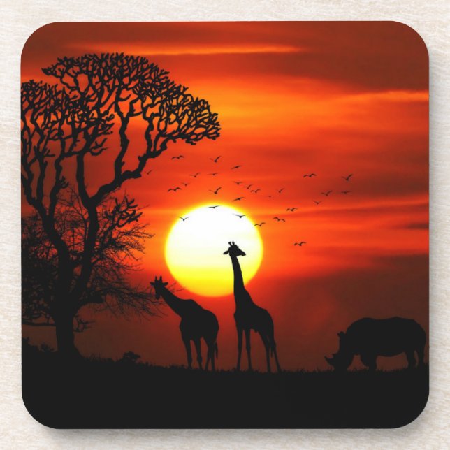 African Safari Sunset Animal Silhouettes Beverage Coaster (Front)